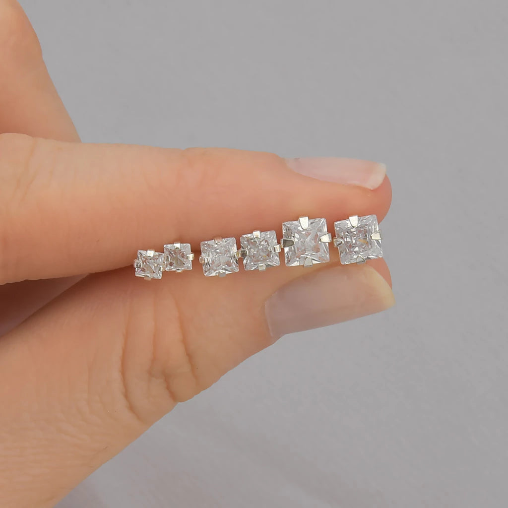 Brinco Trio Ponto de Luz Quadrado Cristal Prata 925