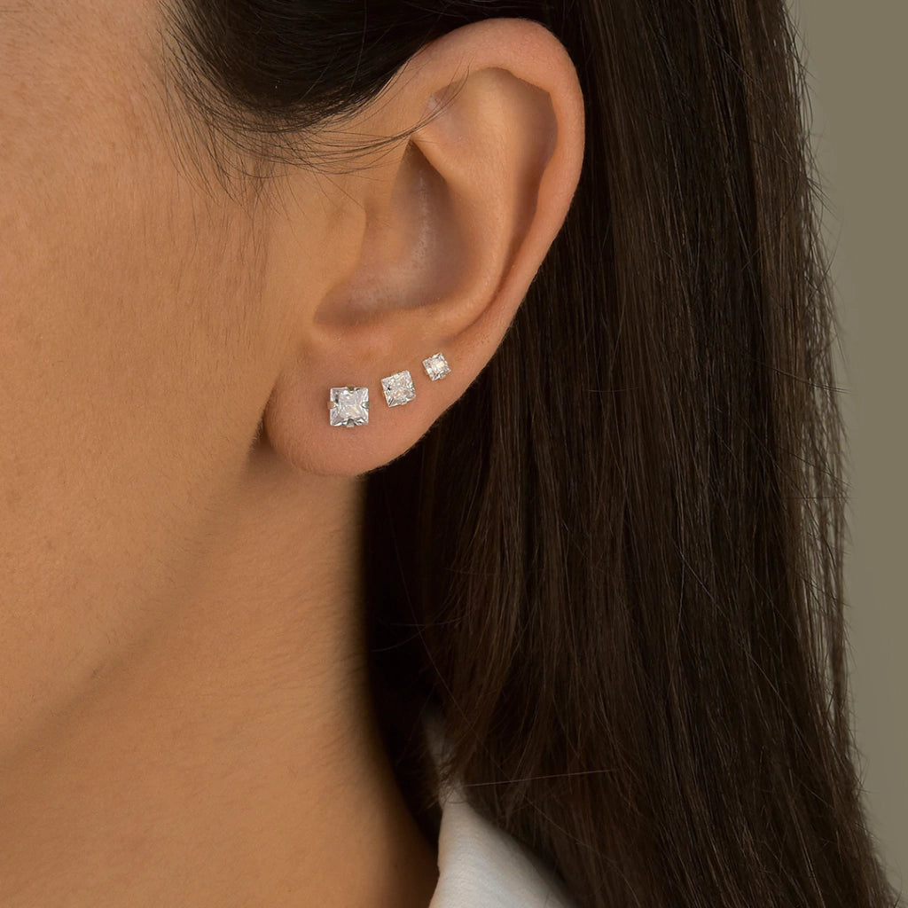 Brinco Trio Ponto de Luz Quadrado Cristal Prata 925