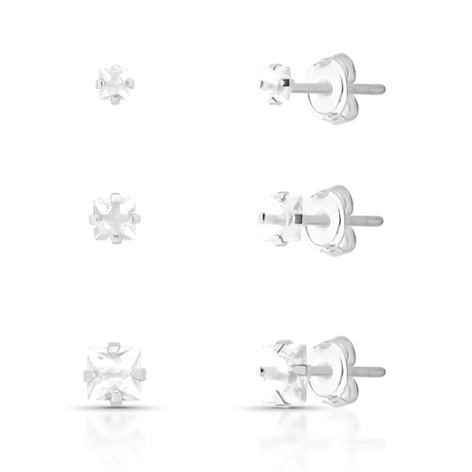 Brinco Trio Ponto de Luz Quadrado Cristal Prata 925
